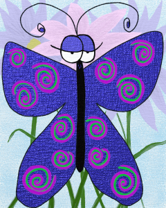 The butterfly with an attitude is colored in a metallic blue, with fluorescent green and fuchsia swirls. Background of blue speckled skies, with purple, and pink flowers.
