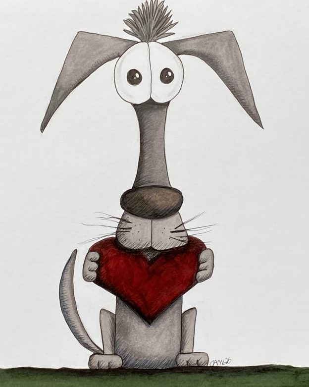 Whimsical hand-drawn dog holding a red heart illustration by One Artsy Momma